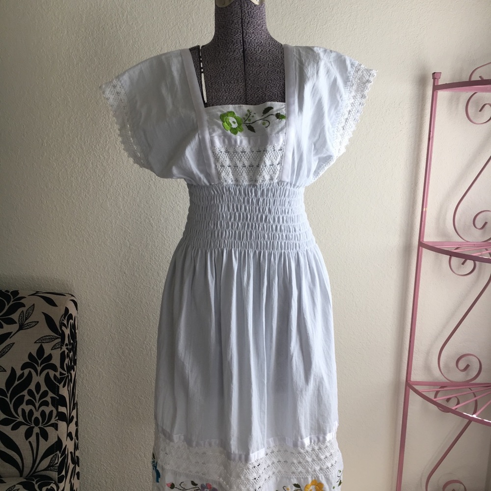 White Mexican floral Embroidered Dress Crochet